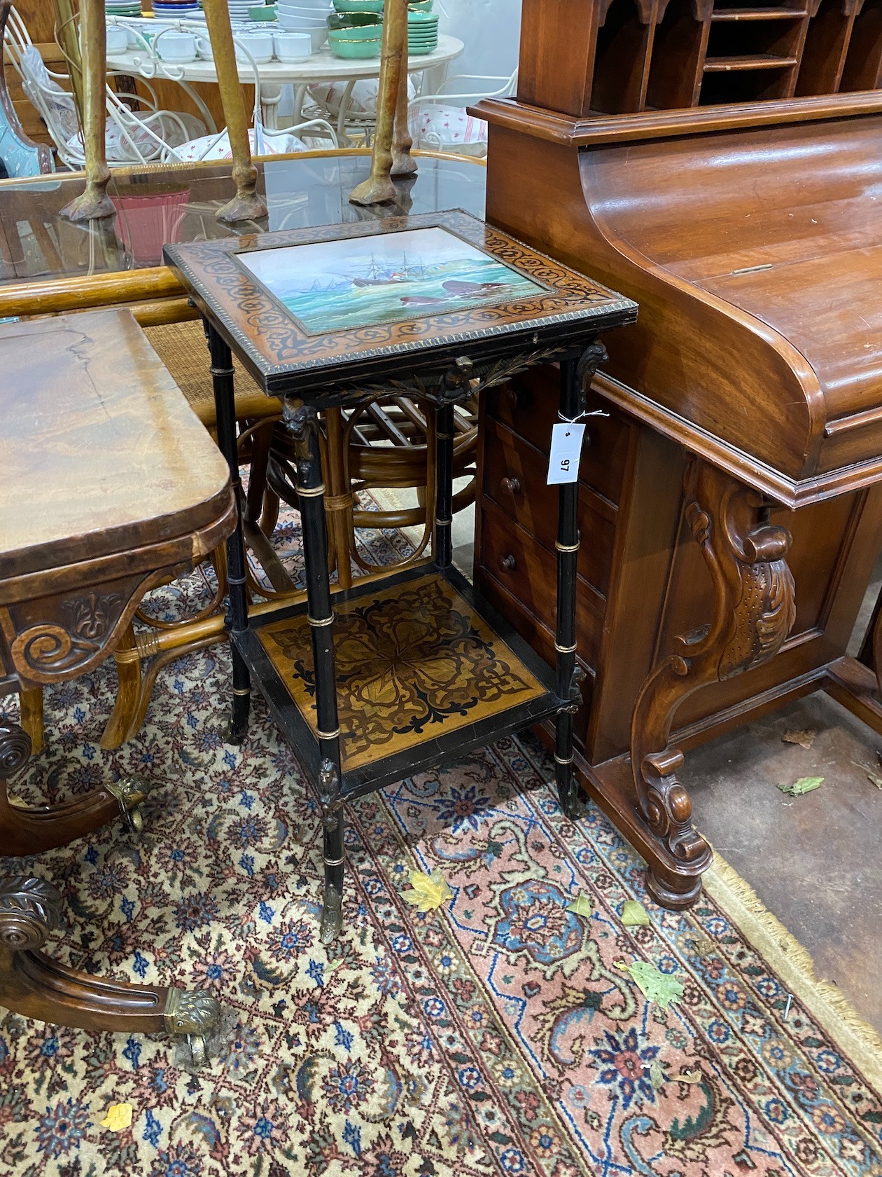 A 19th century French marquetry inlaid tiled top occasional table, painted with a storm shipping scene, signed 'Bayle', width 38cm, depth 38cm, height 78cm